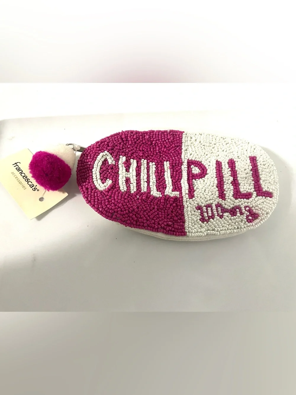 Francesca's Collections Pink & White Chill Pill' Beaded Zip Pouch Coin bag Pouch